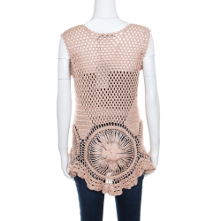 Alberta Ferretti Beige Cotton Open Weave Crochet Sleeveless Flared Top L