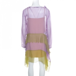 Alberta Ferretti Purple and Green Silk Lace Panel Insert Asymmetric Dress L