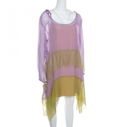 Alberta Ferretti Purple and Green Silk Lace Panel Insert Asymmetric Dress L