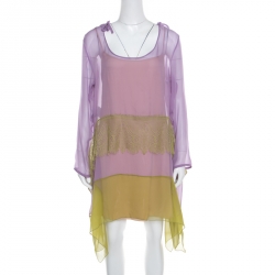 Pre Owned Alberta Ferretti Purple and Green Silk Lace Panel Insert Asymmetric Dress L