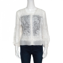 Pre Owned Alberta Ferretti Limited Edition Off White Lace and Silk Sheer Long Sleeve Blouse L