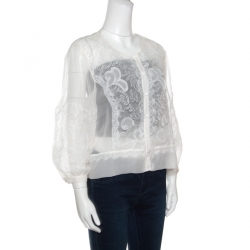 Pre Owned Alberta Ferretti Limited Edition Off White Lace and Silk Sheer Long Sleeve Blouse L
