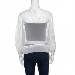 Pre Owned Alberta Ferretti Limited Edition Off White Lace and Silk Sheer Long Sleeve Blouse L