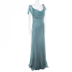 Alberta Ferretti Pale Green Crystal Embellished Flutter Sleeve Silk Evening Gown L 