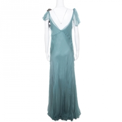 Alberta Ferretti Pale Green Crystal Embellished Flutter Sleeve Silk Evening Gown L 