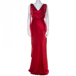 Alberta Ferretti Red Silk Bow Tie Detail Draped Evening Gown M