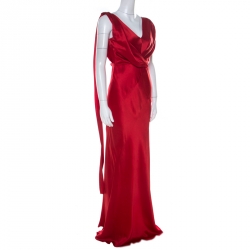 Alberta Ferretti Red Silk Bow Tie Detail Draped Evening Gown M