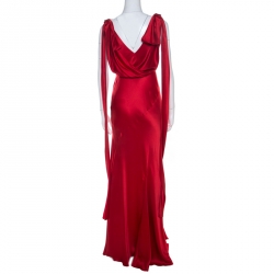 Alberta Ferretti Red Silk Bow Tie Detail Draped Evening Gown M