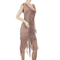 Pre Owned Alberta Ferretti Silk Beige Ruffled Dress M