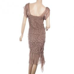 Pre Owned Alberta Ferretti Silk Beige Ruffled Dress M