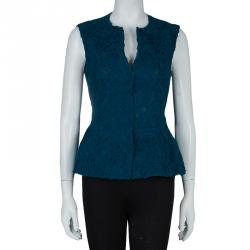 Alberta Ferretti Peacock Blue Rose Applique Texture Detail Sleeveless Peplum Jacket S