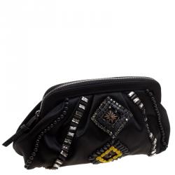 Pre Owned Alberta Ferreti Black Satin Beads Embellished Clutch