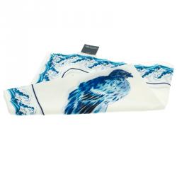 Alexander McQueen White Blue Hawks And Waves Print Cotton Square Scarf