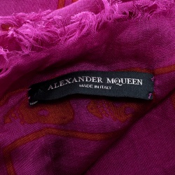 Pre Owned Alexander McQueen Pink Skull Print Fringed Edge Scarf