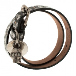 Pre Owned Alexander McQueen Black Skull Printed Leather Double Wrap Skull Charm Bracelet