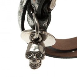 Pre Owned Alexander McQueen Black Skull Printed Leather Double Wrap Skull Charm Bracelet