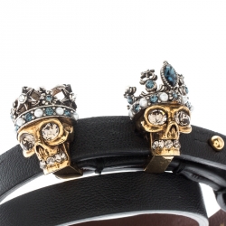 Pre Owned Alexander McQueen King Queen Skull Embellished Black Leather Double Wrap Bracelet