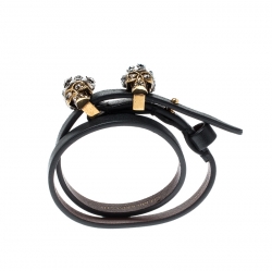 Pre Owned Alexander McQueen King Queen Skull Embellished Black Leather Double Wrap Bracelet