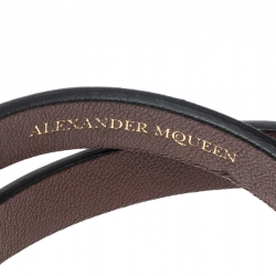 Pre Owned Alexander McQueen King Queen Skull Embellished Black Leather Double Wrap Bracelet