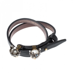 Pre Owned Alexander McQueen King Queen Skull Embellished Black Leather Double Wrap Bracelet
