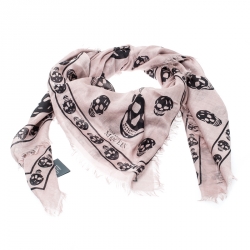 Alexander McQueen Dusty Rose Skull Print Fringed Edge Scarf