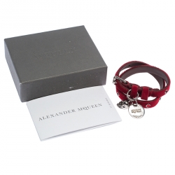 Pre Owned Alexander McQueen Red Studded Velvet Double Wrap Skull Leather Bracelet