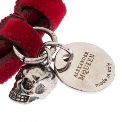 Pre Owned Alexander McQueen Red Studded Velvet Double Wrap Skull Leather Bracelet