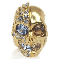 Pre Owned Alexander McQueen Golden Crystal Two-Faced Skull Cocktail Ring Size 55