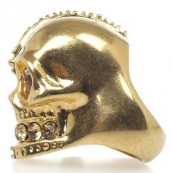 Pre Owned Alexander McQueen Golden Crystal Two-Faced Skull Cocktail Ring Size 55