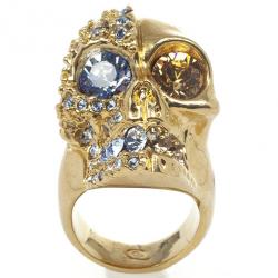 Pre Owned Alexander McQueen Golden Crystal Two-Faced Skull Cocktail Ring Size 55