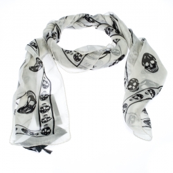 Pre Owned Alexander McQueen White Skull Print Silk Foulard Scarf