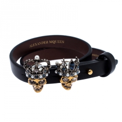 مملوكة مسبقًا Alexander McQueen King Queen Skull Embellished Black Leather Double Wrap Bracelet