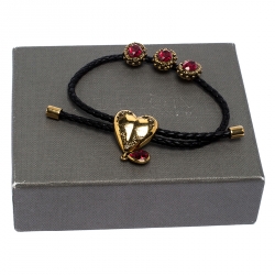 Pre Owned Alexander McQueen Black Braided Leather Heart Charm Friendship Bracelet