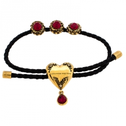 Pre Owned Alexander McQueen Black Braided Leather Heart Charm Friendship Bracelet