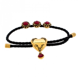 Pre Owned Alexander McQueen Black Braided Leather Heart Charm Friendship Bracelet