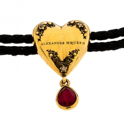 Pre Owned Alexander McQueen Black Braided Leather Heart Charm Friendship Bracelet