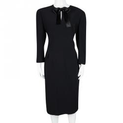 Pre Owned Alexander McQueen Black Satin Bow Detail Long Sleeve Leaf Crepe Dress L