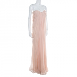 Pre Owned Alexander McQueen Blush Pink Silk Chiffon Draped Strapless Maxi Dress L