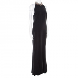 Pre Owned Alexander McQueen Black Embellished Collar Halter Evening Gown L