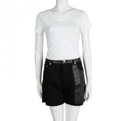 Pre Owned Alexander McQueen Black Denim Leather Trim Detail Distressed Hybrid Shorts S