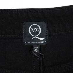 Pre Owned Alexander McQueen Black Denim Leather Trim Detail Distressed Hybrid Shorts S