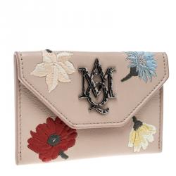 Pre Owned Alexander McQueen Beige Leather Embroidered Insignia Envelope Card Holder