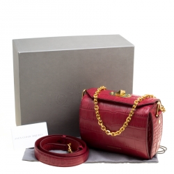 Pre Owned Alexander McQueen Red Croc Embossed Leather Box Shoulder Bag
