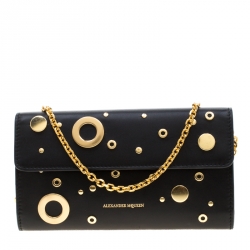 Alexander McQueen Black Leather Eyelet and Stud Wallet On Chain