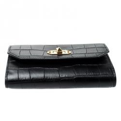 Alexander McQueen Black Croc Embossed Leather Medium Box Lock Continental Wallet