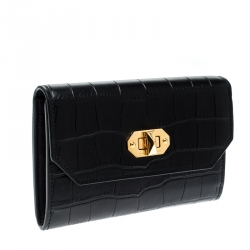 Alexander McQueen Black Croc Embossed Leather Medium Box Lock Continental Wallet