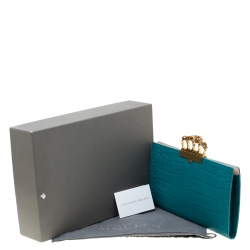 Pre Owned Alexander McQueen Green Embossed Croc Leather Skull Knuckle Duster Clutch