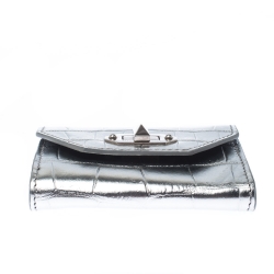 Alexander McQueen Silver Croc Embossed Leather Business Card Holder