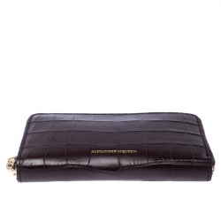 Alexander McQueen Burgundy Croc Embossed Leather Zip Around Wallet