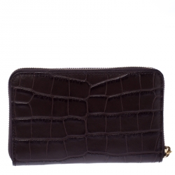 Alexander McQueen Burgundy Croc Embossed Leather Zip Around Wallet